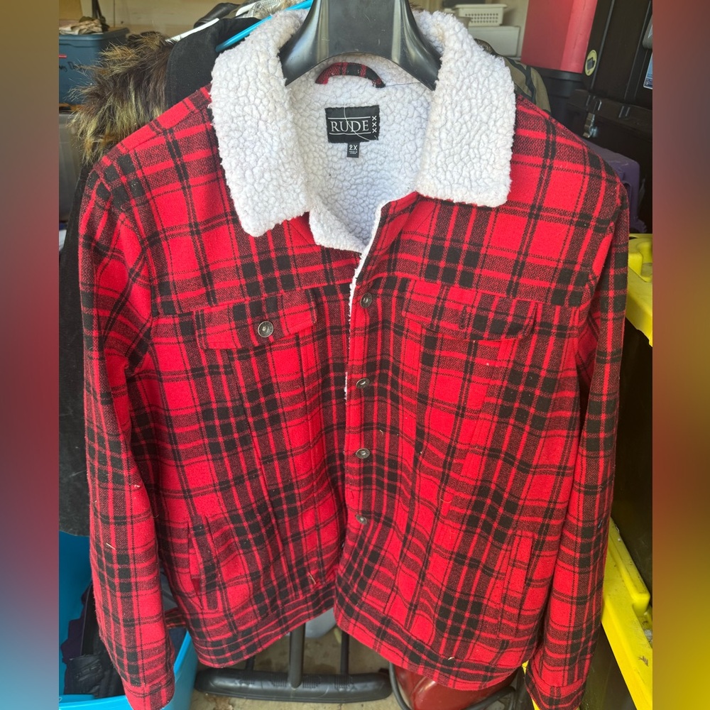 Rude Brand Faux Fleece Lined Red Plaid Barn Coat